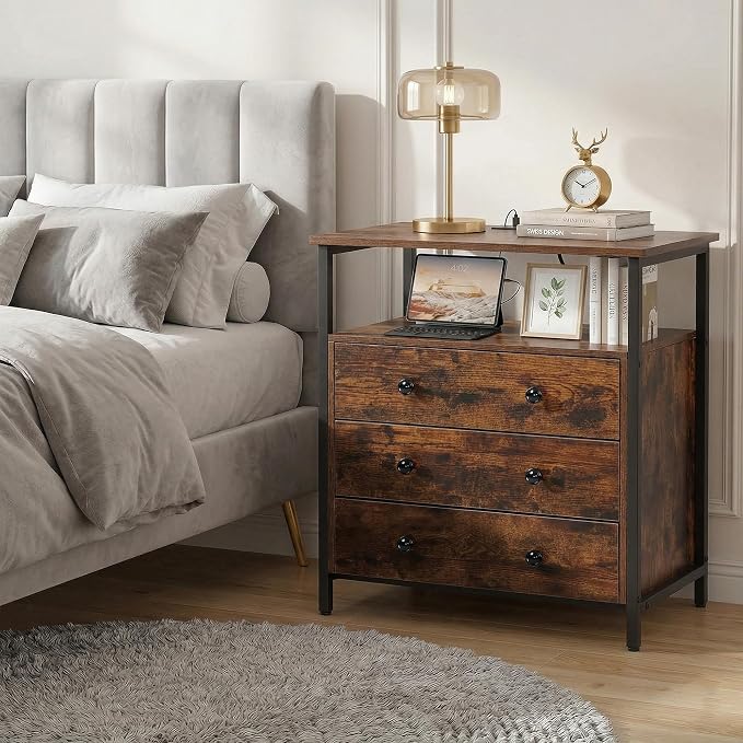 Edbuosy 3 Wooden Drawers Night Stand, 27 Inch Wide Nightstand with Charging Station and Adjustable Drawers, Small Dresser for Closet, Bedside Table for Living Room/Bedroom/Office, Retro Brown. - Image 5