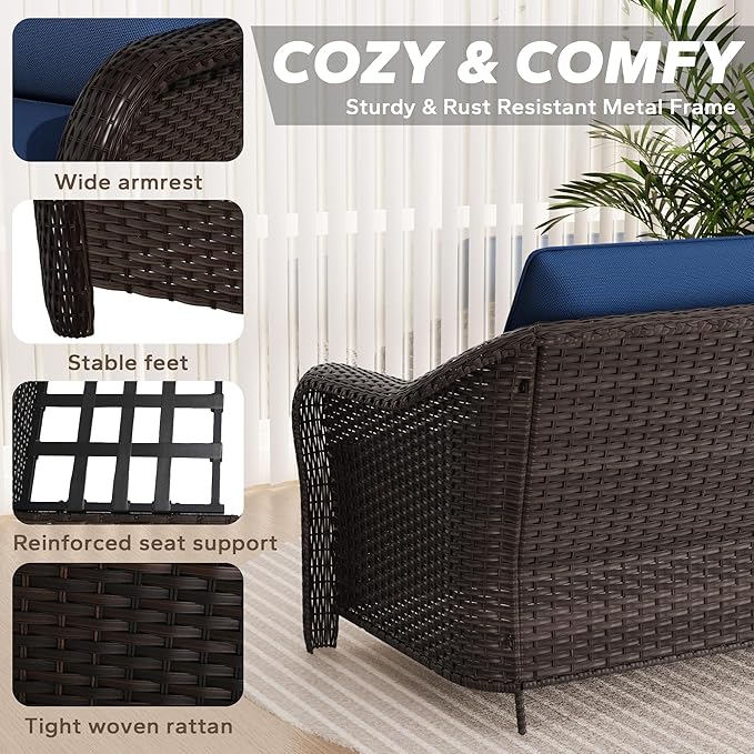 Patio Sectional Sofa Set | 78" 3-Seat Couch with 2 Ottomans, Outdoor Conversation Furniture Set, Outside Wicker Furniture with Washable Cushions (Navy Blue)
