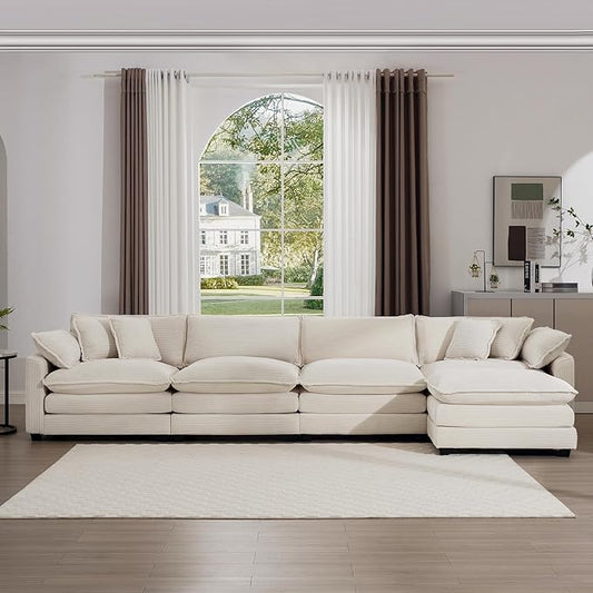 KEIKI 150" L-Shaped Oversized Corduroy Modular Sectional Sofa with 1 Ottoman, High-Density Foam Cushions, Removable Armrests, Upholstered 4-Seater Corner Couch with 6 Pillow, for Living Room, Beige