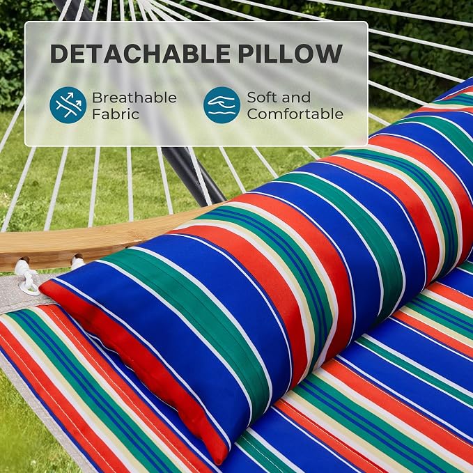 SUPERJARE Curved-Bar Hammock with Stand, 2 Person Heavy Duty Hammock Frame, Detachable Pillow & Portable Carrying Bag, Perfect for Outdoor & Indoor, Retro Blue and Green - Image 4