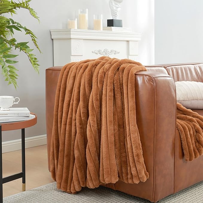 Amélie Home Faux Fur Throw Blanket for Couch, Cozy Fuzzy Fluffy Fur Luxurious Soft Striped Plush Gift Blankets for Family Sofa Chair Bedroom, 55"x70", Orange Brown