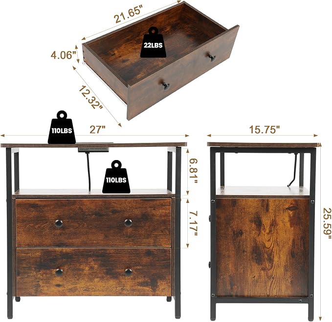 Edbuosy 27 inch Wide Night Stand Set 2 with Charging Station, Bedside Table with Open Shelf, 2 Drawers Small Wood Dresser, Modern Wood Nightstand for Bedroom/Living Room (Retro Brown) - Image 2