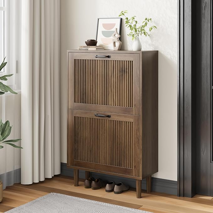 Kiasthome 2 Tier Entryway Shoe Storage Cabinet Closed Space Saving Hidden Shoe Organizer with Ribbed Doors Freestanding for Hallway Bedroom Walnut Finish (Walnut, 24.4") by KiasthomeBathroomAccessories