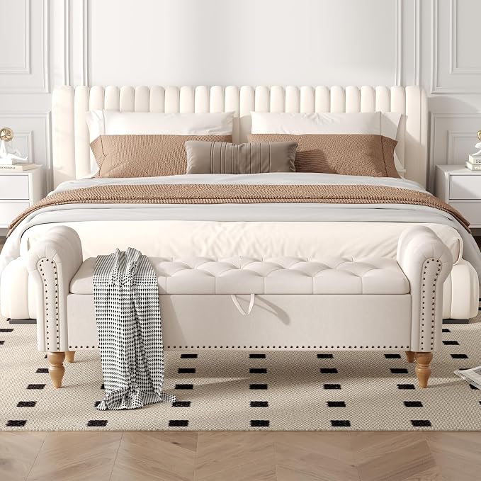 Furniliving 63” End of Bed Bench, Bedroom Bench with Button-Tufted, Large Upholstered Storage Ottoman Benches Entryway Bench with Storage Shoe Cabinet Bench, for Bedroom, Living Room, Linen, Beige - Image 2