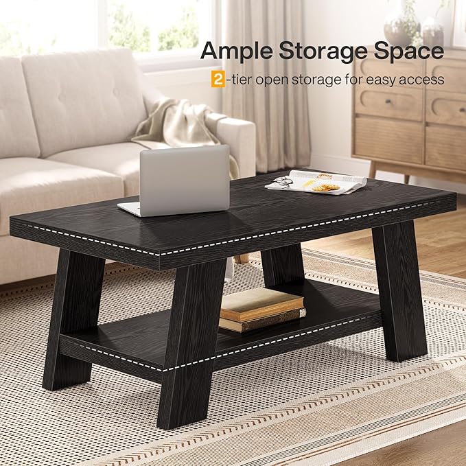 Tribesigns Rectangle Coffee Table, 47-Inch Wood Coffee Tables for Living Room, Farmhouse Long Center Tables with 2-Tier Storage Shelves for Living Room, Apartment, Home Office (Black)