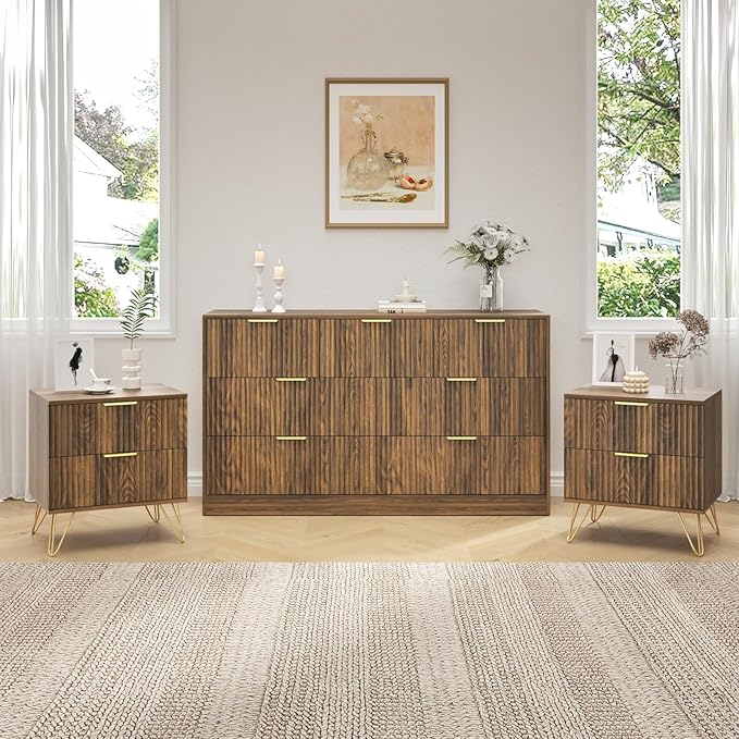 7 Drawer Dresser and Nightstand Sets, 3 Pcs Bedroom Set for Bedroom, Fluted Night Stand Set of 2 & 55" Wide Dresser w/Gold Handles, Mid Century Wood Chest of Drawers Storage Set, Walnut