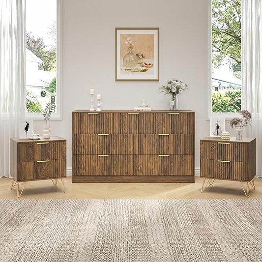 7 Drawer Dresser and Nightstand Sets, 3 Pcs Bedroom Set for Bedroom, Fluted Night Stand Set of 2 & 55" Wide Dresser w/Gold Handles, Mid Century Wood Chest of Drawers Storage Set, Walnut