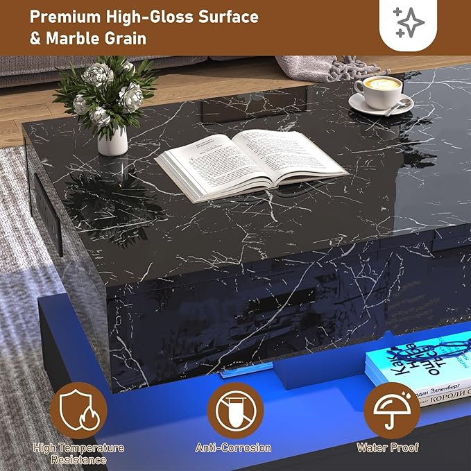 39.4" Large Lift Top Coffee Table, Modern LED High Glossy Coffee Table with Charging Station, Lights, Hidden Compartment Storage, Lift Center Tables for Living Room, Home Office, Black
