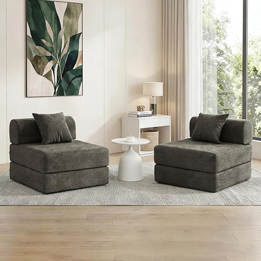 31.5'' Convertible Compressed Corduroy Folding Cloud Sofa Bed Set of 2, 2 Pieces Modern Boneless Pull Out Sleeper Sofa Couch, 3 in 1 Portable Lazy Floor Lounge Chair Set, No Assembly Needed, Grey