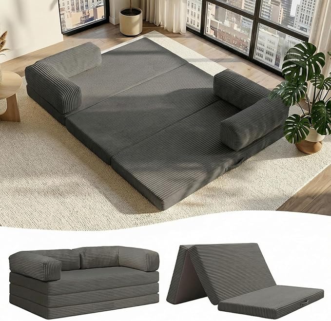 Folding Sofa Bed, Convertible Sleeper Chair with Pilow Foldable Matress, 2 in 1 Pull Out Loveseat Sofa Portable Fold Out Chair Bed Floor Couch Lounge for Living Room (Grey, King-82 Lx76 W)