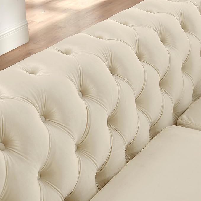 KEIKI 111" L-Shaped Luxury Velvet Chesterfield Sectional Sofa with Gold Stainless Steel Accents and 7 Pillows, Mid-Century Oversized 5-Seater Button Tufted Couch, Easy Assembly, for Living Room, Beige