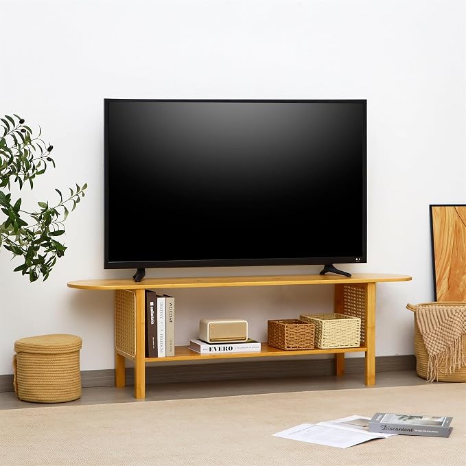 Bamboo TV Stand for TVs up to 65", Accent Entertainment Center with Storage, Media Console Table with Rattan, Modern TV Stand for Living Room, Bedroom, 55"(L), Burlywood - Image 3