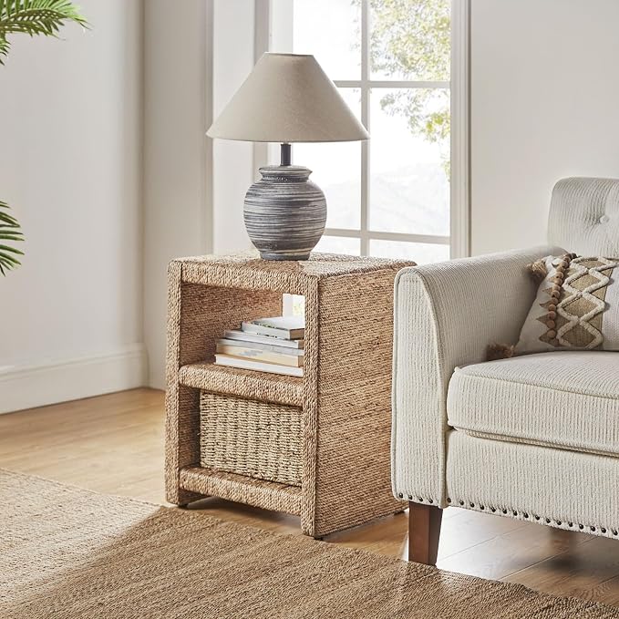 HULALA HOME Rattan Nightstand with Two Open Shelves, Seagrass Side Table Coastal Style, Set of 2 End Tables(Natural) - Image 8