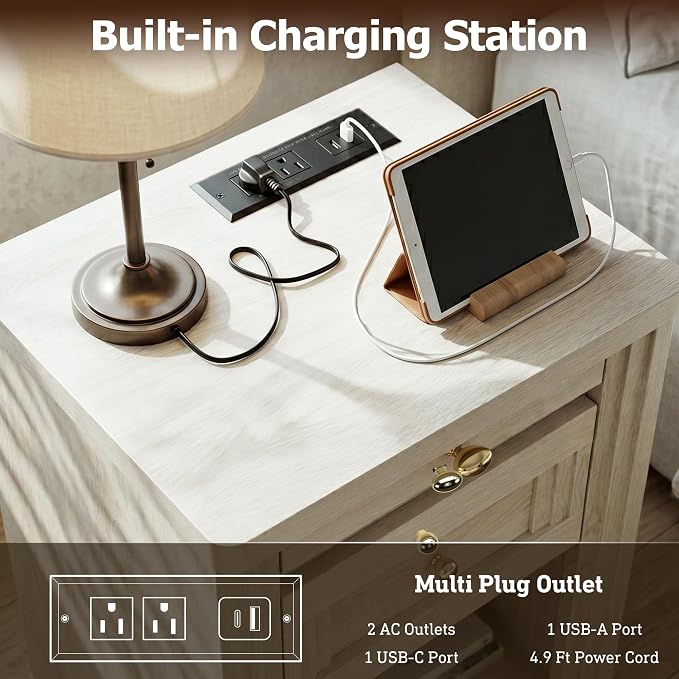 STO'SENSE Nightstand, Narrow Night Stands with Charging Station & Led Light, Wood Nightstand Bedside Table with Drawers & Pull-Out Tray, End Table for Bedroom, White Oak - Image 5