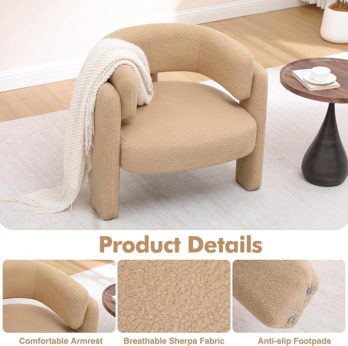 Accent Chair for Living Room, Modern Sherpa Barrel Chair, Upholstered Living Room Chairs with 3 Legs, Comfy Armchair Reading Side Chair for Bedroom, Office, Apartment, Khaki