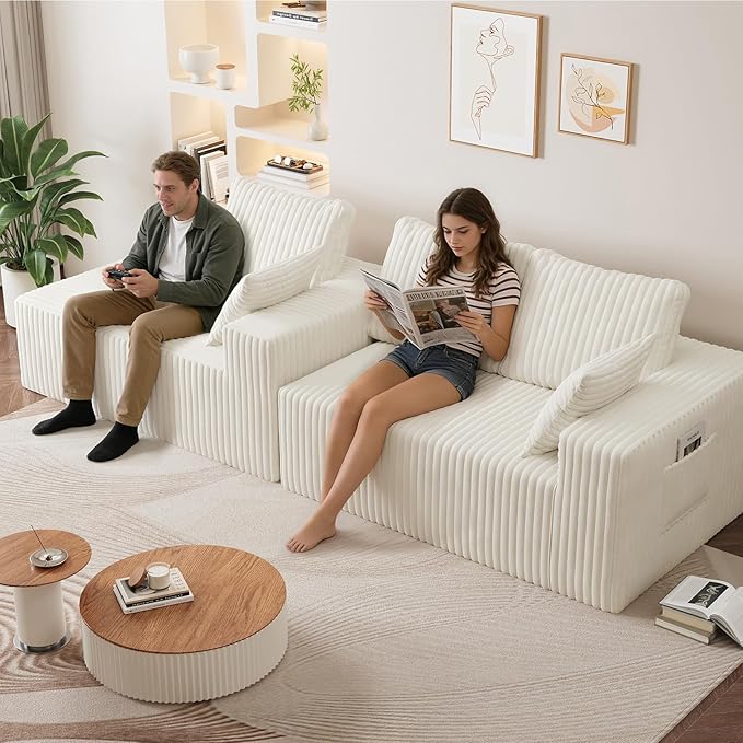 96" Cloud Sectional Couches for Living Room, Modular Sectional Sofa with Chaise, Upholstered Boneless Couches, Comfy Flannel Fluffy Couch with Pillows and Side Pockets No Assembly(Beige