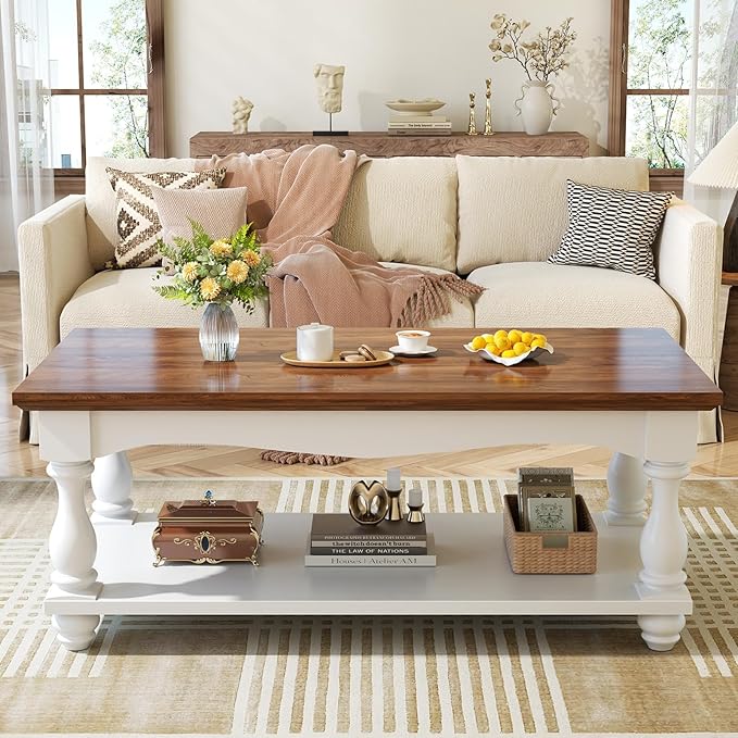 Farmhouse Coffee Table with Storage, 47" Mid Century Coffee Tables for Living Room, Modern 2-Tier Rectangle Coffee Table with Solid Wood Legs, Vintage Living Room Tables, Rustic Brown