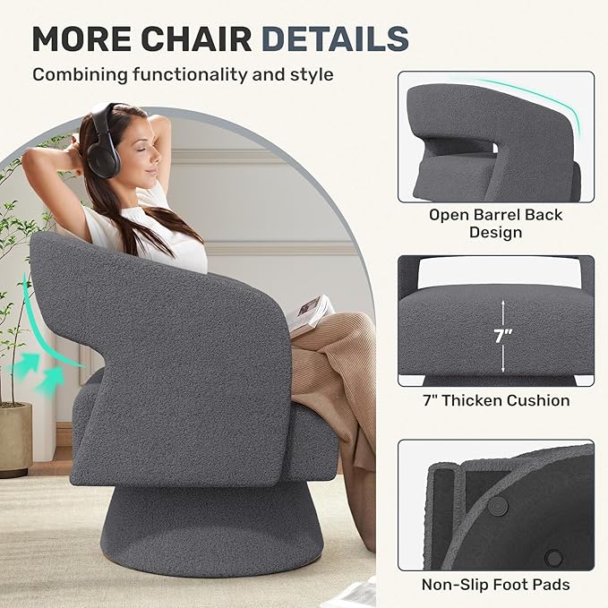 Nebuaegis Swivel Accent Chair Set of 2, Modern Comfy Teddy Barrel Chairs, Oversized Upholstered Round Arm Chair for Living Room, Bedroom, Reading Room, Dark Grey