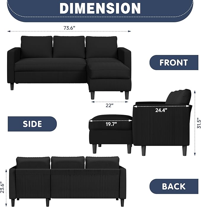Shintenchi Convertible Sectional Sofa Couch,L-Shaped Modular Sofas with Reversible Ottoman,3-Seat Upholstered Corduroy Sofa Couch,Small Couches for Apartment,Living Room and Office(Black)
