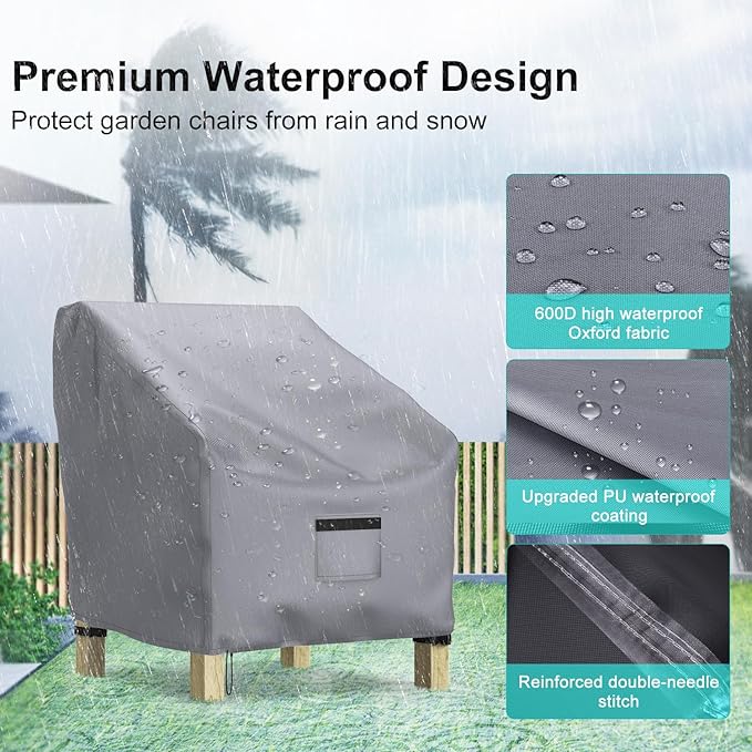 Patio Chair Covers for Outdoor Furniture Waterproof 2 Pack, Lawn Chair Covers 600D Heavy Duty Oxford Cloth, Large Covers for Lounge Lawn Deep Seat 38" W x 31" D x 29" H-Gray - Image 4
