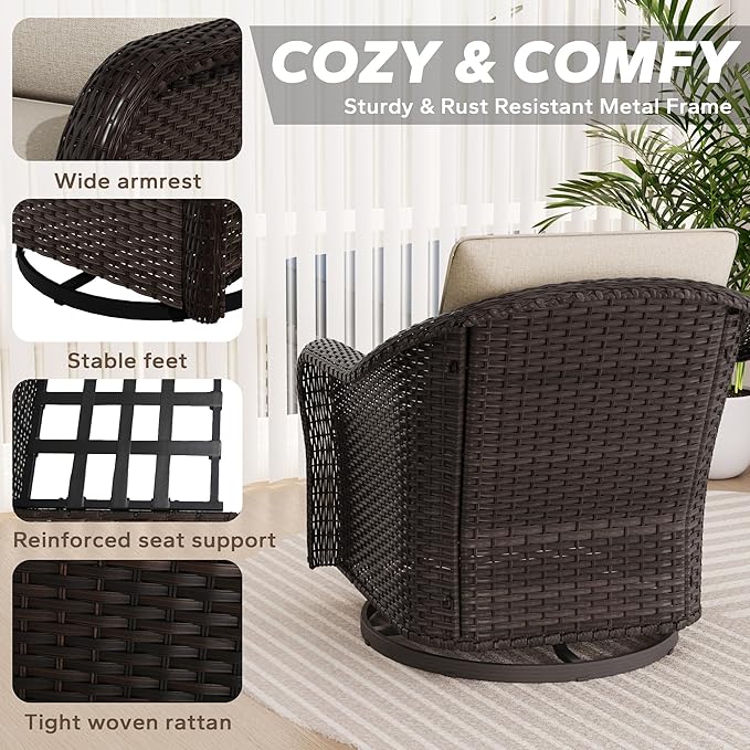 5 Pieces Outdoor Patio Conversation Furniture Set, 4 Pieces Rattan Glider 360 Degree Swivel Rocker Chairs with Removable Cushions, Coffee Table for Porch, Poolside (Beige)