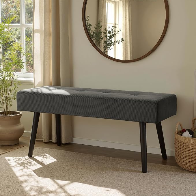 Comfy to go Entryway Bench - Grey Bench for Bedroom, Modern Ottoman End of Bed, Corduroy Padded Benches for Living Room, Foyer, Mudroom, Hallway - 39" L x 14" W x 17" H - Image 4
