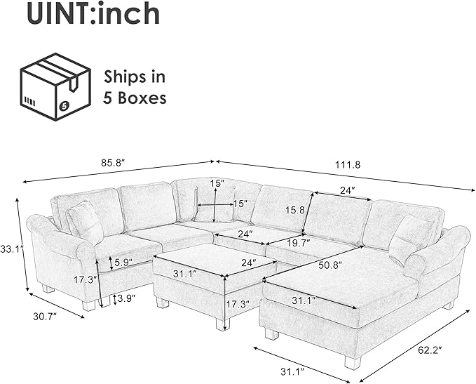 ERYE 112" U-Shaped Sectional Sofa with Movable Storage Ottoman, Oversized Chenille Upholstered Corner Modular Sofa Couch W/Right Facing Chaise Lounge and 3 Toss Pillows