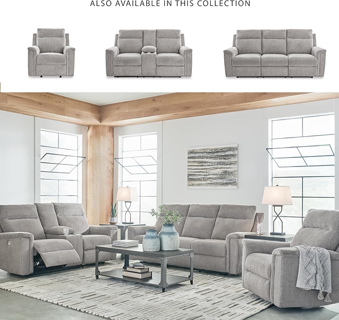 Signature Design by Ashley Barnsana Minimalist Power Reclining Loveseat with Console and USB Charging Ports, Light Gray