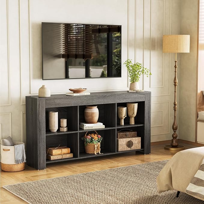 LITTLE TREE TV Stand with Storage, 63-Inch Entertainment Center with Shelves, Modern Media Console for Television up to 65" for Living Room, Bedroom, Grey + Black - Image 6