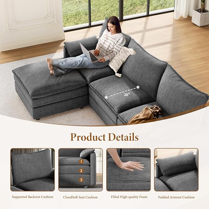 Vesgantti 101" V-Shaped Corner Couch Sectional, 7 Seat Customizable Modular Cloud Couches with Movable Ottoman, Chenille Deep Seat Sofa Set with Chaise for Living Room, Bedroom and Apartment, Gray