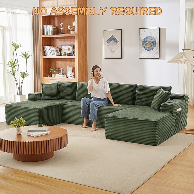133.5" U Shaped Couch, Modular Sectional Sofa with Chaise, Corduroy U Shaped Boneless Couch with Deep Seat, Upholstered Modular Cloud Sofa for Living Room, No Assembly Required, Green