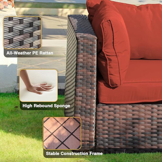 Patio Furniture Set 5 Piece All Weather PE Rattan Outdoor Sectional Sofa Couch with 4 x arm Sofa, No-Slip Cushions and Glass Top Table for Garden, Poolside, Backyard (Red)