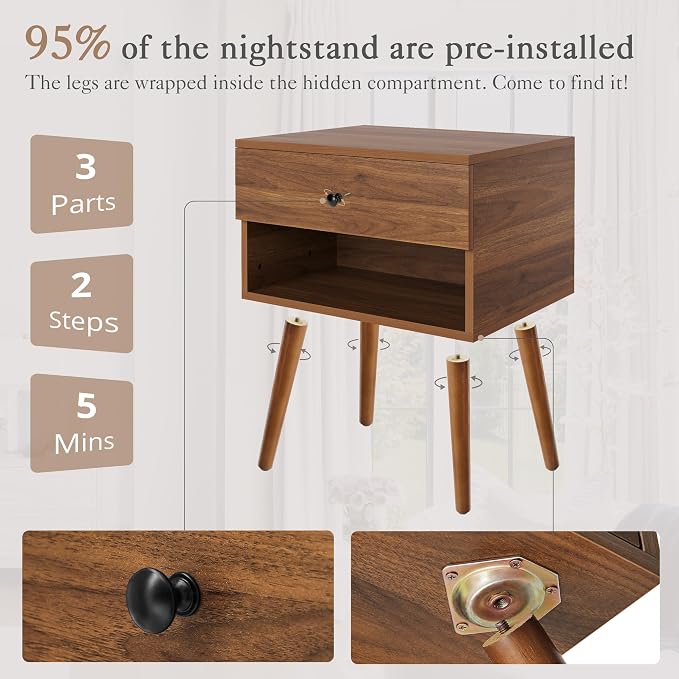 Hidden Compartment Night Stand Set 2, Mid Century Modern Concealment Furniture, End Table with Storage Drawer, Bedside Table with Wood Legs for Bedroom (2,Walnut) - Image 6