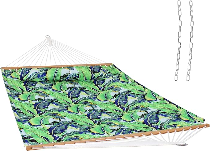 Sunnydaze Quilted Double Hammock for Outside with Spreader Bars and Pillow - 450 lb Capacity, 74x55 Inch Bed, UV Resistant, Quick Dry - Chains Included, Stand Sold Separately - Exotic Foliage by SunnydazeDecor