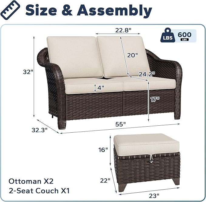 3 Pieces Patio sectional Sofa Set, Outdoor Conversation Furniture Set, 55" Patio Couch with 2 Ottomans, Rattan Wicker Sofa with Removable Cushions for Bistro, Deck (Beige)