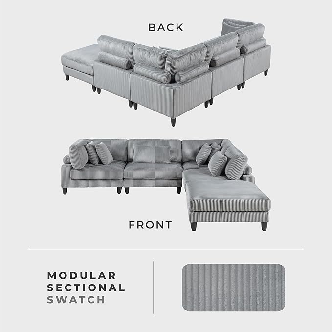 Lexicon 120 Inch Modular Sectional Sofa - Oversized 5 Seater Corduroy L Shaped Sectional Couch with Ottoman, 6 Accent Pillows, and Flexible Arrangement for Modern Living Rooms, Gray
