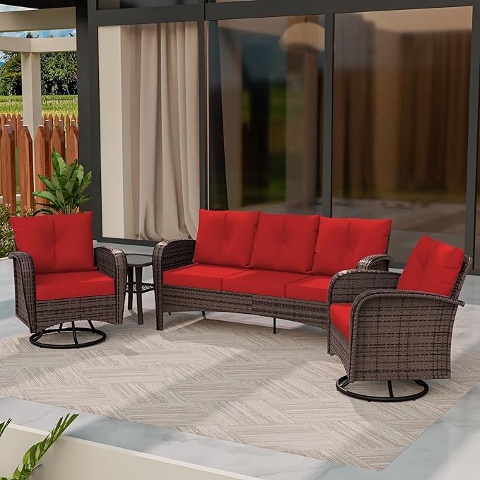 4 Piece Patio Conversation Set - 2 Swivel Chairs 1 Coffee Table 3-Seater Sofa, PE Wicker & Steel Patio Furniture with Heavy-Duty Steel Frame,Weatherproof Cushions, Red