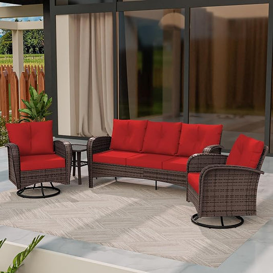 4 Piece Patio Conversation Set - 2 Swivel Chairs 1 Coffee Table 3-Seater Sofa, PE Wicker & Steel Patio Furniture with Heavy-Duty Steel Frame,Weatherproof Cushions, Red
