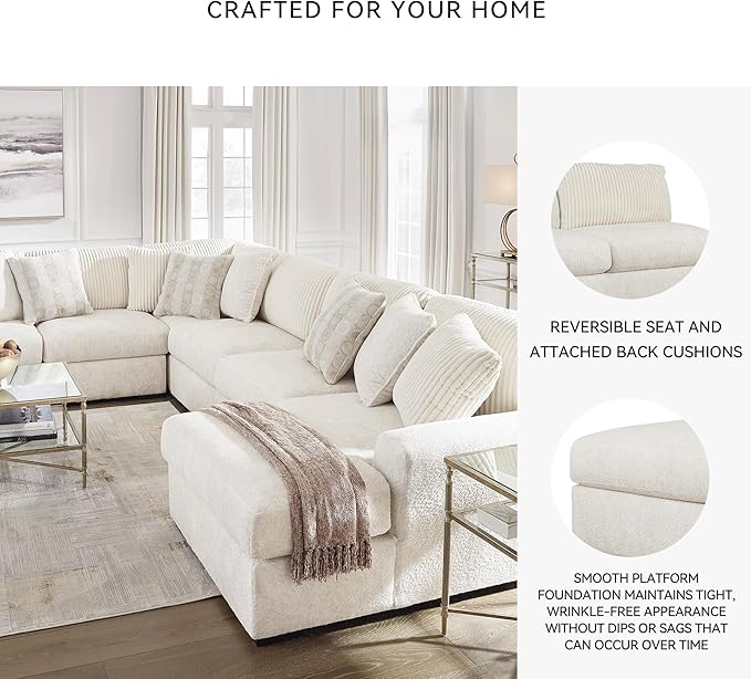 Signature Design by Ashley Chessington Modern U-Shaped Anti Sag 4-Piece Sectional with Chaise, Reversible Seat Cushions and 9 Accent Pillows, White