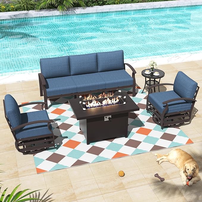 ALAULM Aluminum Patio Furniture Set with Propane Fire Pit Table 5-seat Metal Outdoor Furniture w/Fire Pit Patio Sectional Sofas w/5.1" Cushions for Patio, Backyard, Poolside-Dark Blue