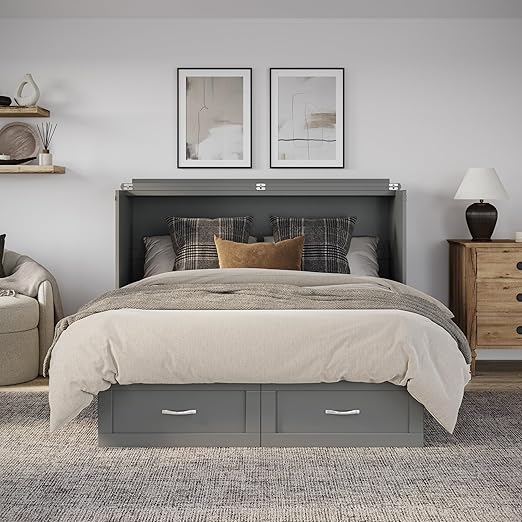 AFI, Chelsea Mid-Century Modern Queen Solid Wood Murphy Bed Chest with 6" Mattress, Storage Drawer & Built-in USB Charger, Grey