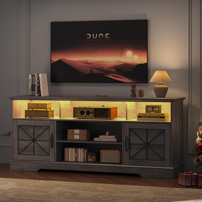 TV Stand for 65 Inch TV, Farmhouse Entertainment Center with RGB LED Lights, 59 Inch Media Console with Adjustable Center Shelf and Storage Cabinets, Rustic Barn Door Style - Image 7