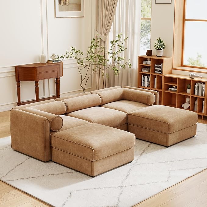 KEIKI 109" U-Shaped Modular Chenille Sectional Sofa with Storage Seat, 2 Ottoman, Modern Style 3-Seater Couch with Cylindrical Backrest and Armrests, Easy Assembly, for Apartment, Living Room, Camel