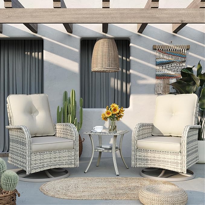 9-Piece Patio Rocking Swivel Chair Outdoor Wicker Rattan Bistro Set with Tempered Glass Side Table, Outdoor Patio Furniture Set for Garden, Deck, and Balcony, White