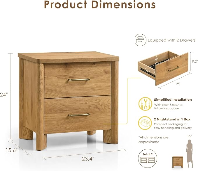 24/7 Shop at Home Sawer Modern 23-inch Wood Nightstand Set of 2 with 2 Drawers and USB Ports, Wooden Night Stand for Bedroom, Apartment, Small Bedside Table, Oak - Image 2