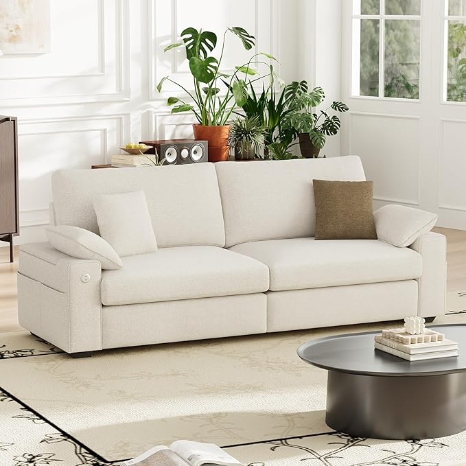 89" Loveseat Couch, 3 Seater Upholstered Midcentury Mondern Love Seat with USB Type C Ports, 4 Pillows and Storage Armrest Cloud Foam Sofa for Living Room/Small Spaces, Beige | Breathable material