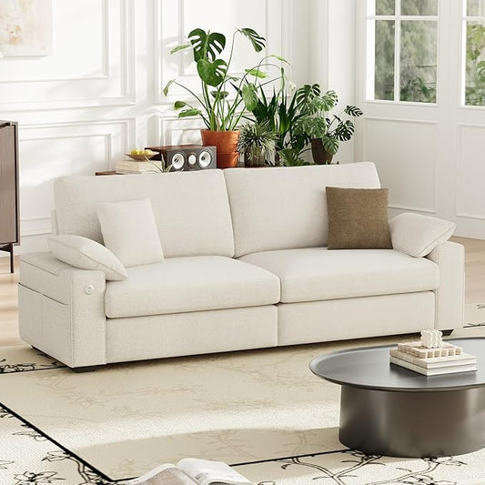 89" Loveseat Sofa, Cloud Foam Couch, 3 Seater Upholstered Midcentury Mondern Love Seat with USB Type C Ports, 4 Pillows and Storage Armrest for Living Room/Small Spaces, Beige | Breathable material