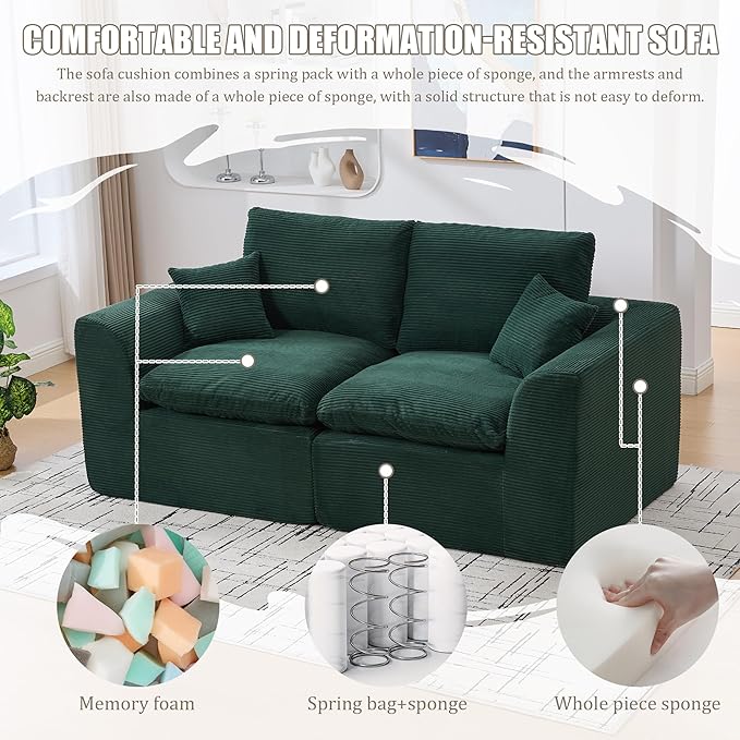 80.3" Cloud Loveseat Boneless Sofas for Living Room, 2 Seaters Modular Foam Cloud Sofa Couches, 2 Seat Compression Foam Couch with Toss Pillows, No Assembly Required