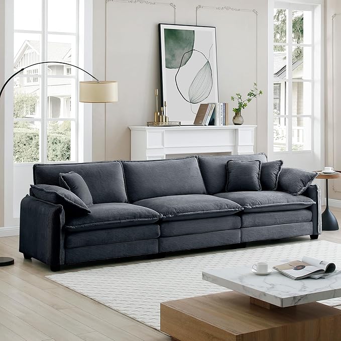 KEIKI 115" Oversized Corduroy Modular Sectional Cloud Sofa with High-Density Foam Cushions, Removable Armrests, Upholstered Modern 3-Seater Fluffy Corner Couch with 5 Pillow, for Living Room, Grey