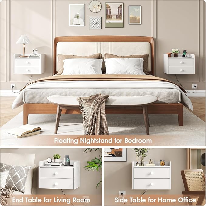 Floating Nightstand Set of 2 with 2 Storage Drawers and Charging Station Wood Wall Mounted Bedside End Table Modern Night Stands Set 2 for Bedroom,Small Space,White - Image 7